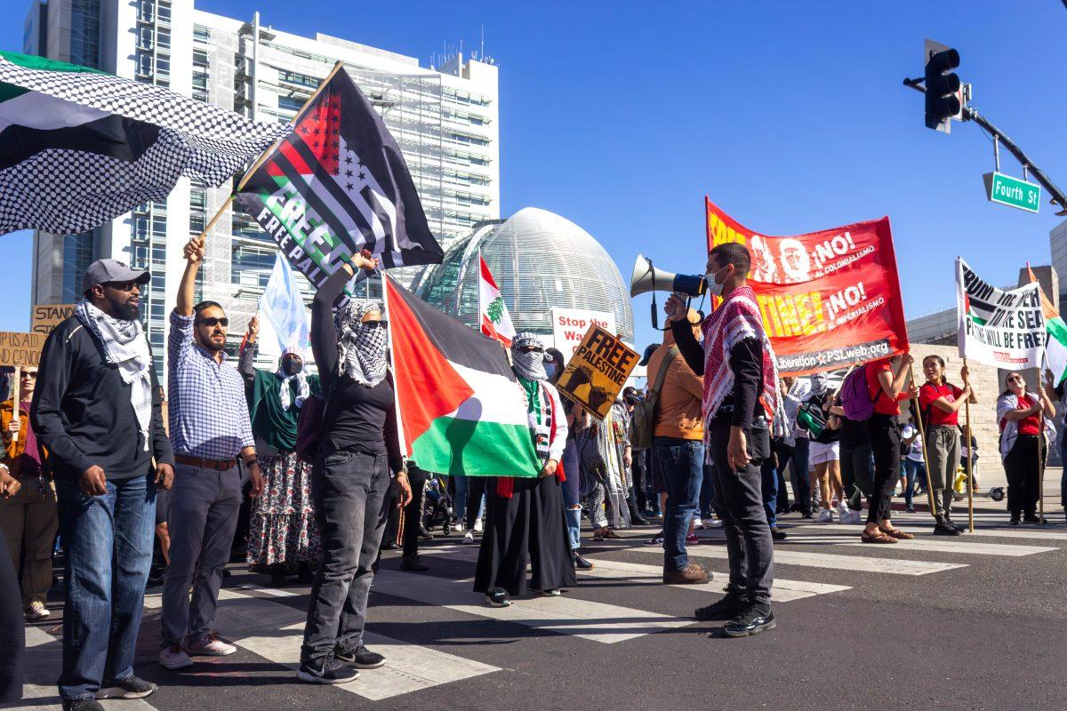 Palestine supporters march at City Hall