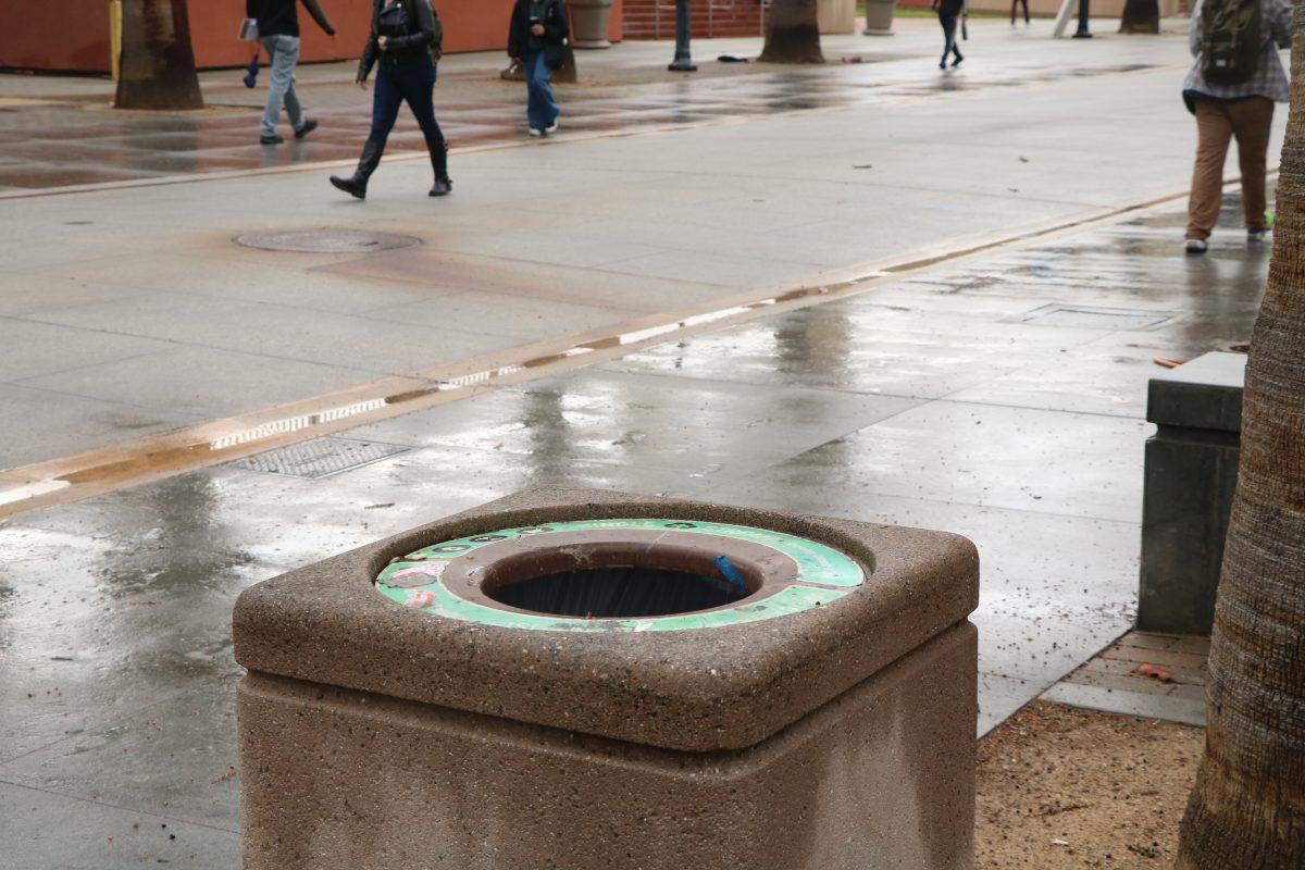 A single stream receptacle is featured on campus located on 7th Street Plaza