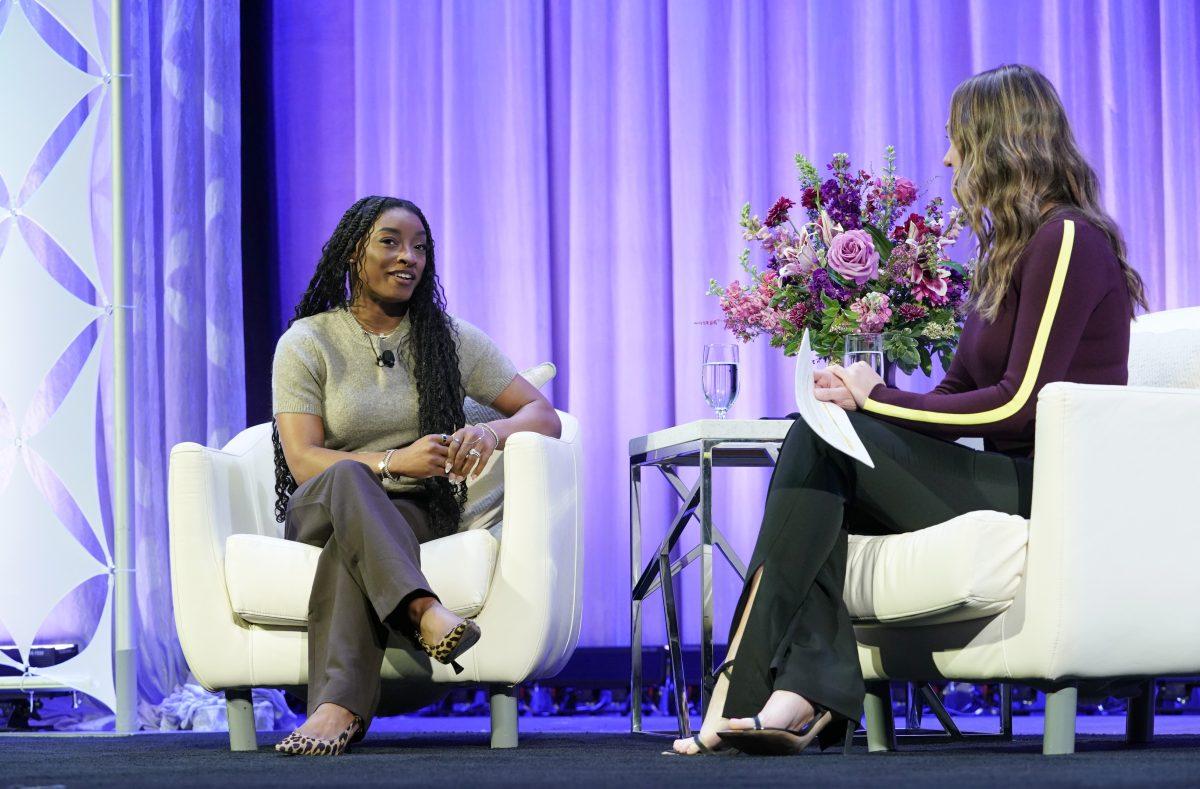 Athlete and advocate Simone Biles (left) and two-time Emmy-winning host and reporter Laura Britt (right) speak during 2025 California Conference for Women at San Jos&#233; McEnery Convention Center on Wednesday afternoon.