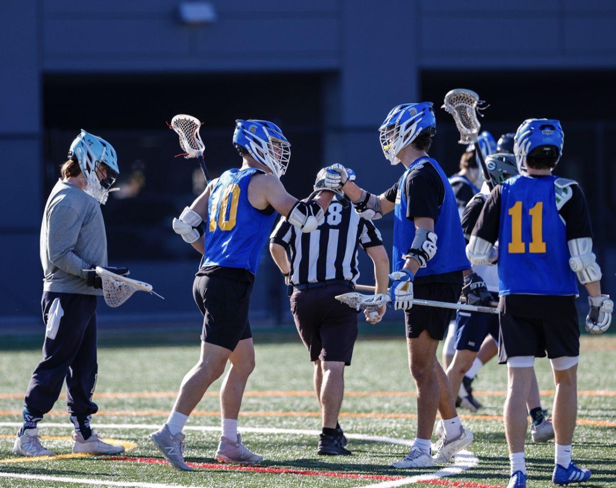 On April 27, 2024 SJSU men&#8217;s lacrosse teammates celebrates against Saint Mary&#8217;s at Los Gatos High School.