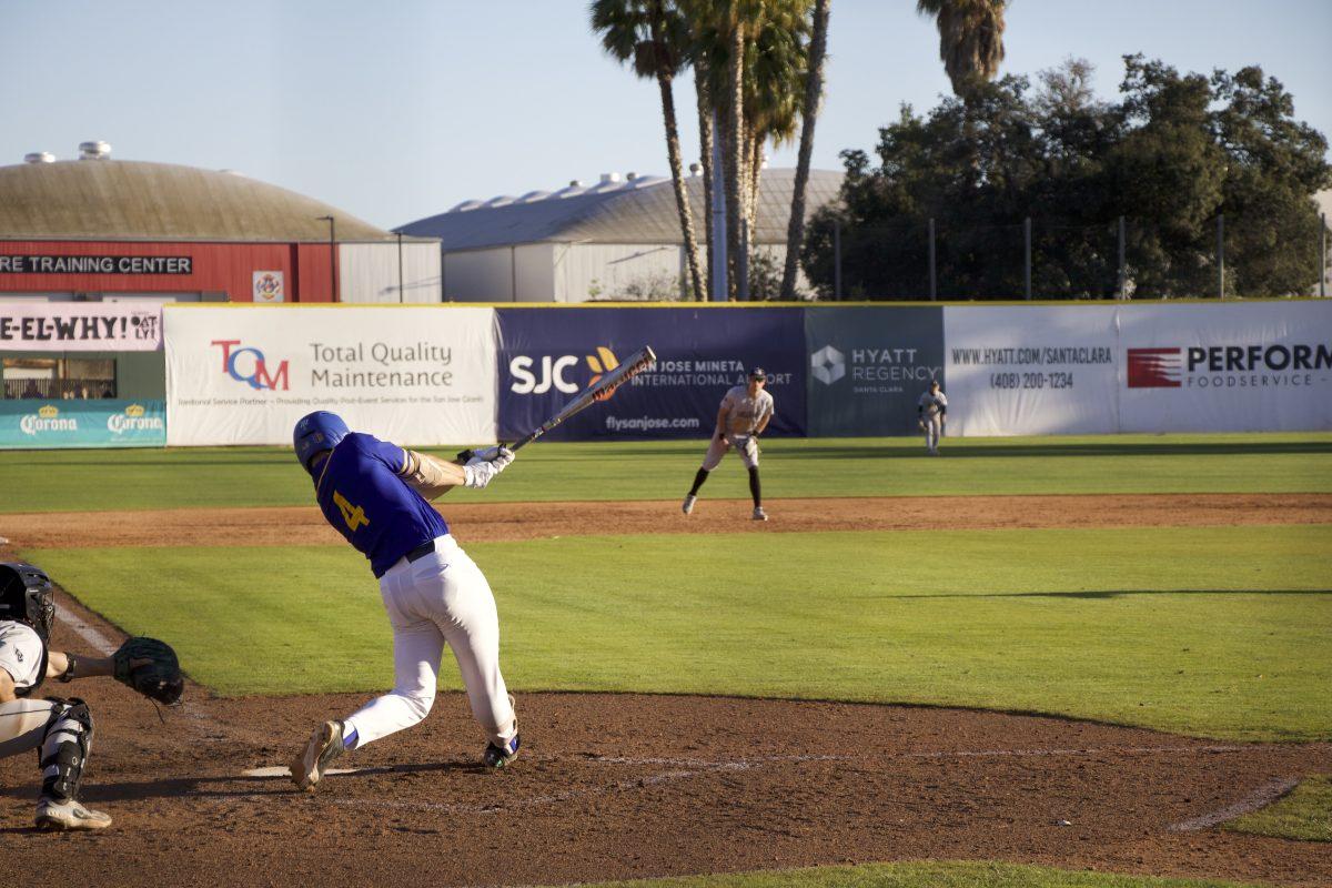 Spartans infielder Drew Giannini (4) bats against Utah Valley on Thursday afternoon at Excite Park in San Jos&#233;.
