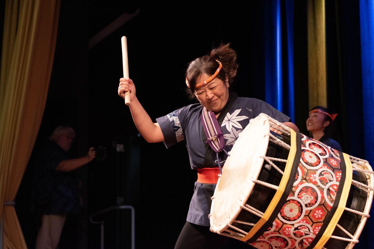 Wisa Uemura, executive director of San Jos&#233; Taiko, beats on a taiko drum during her performance on Wednesday.