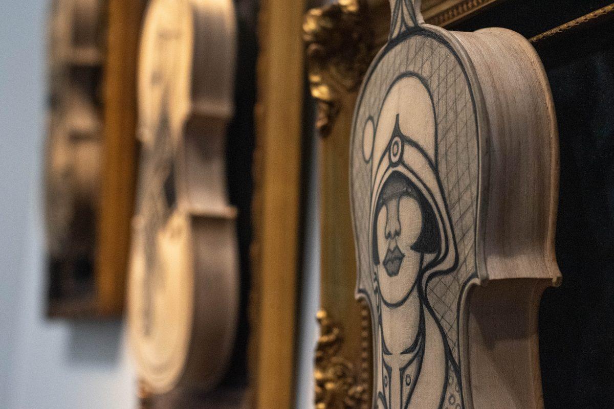 Three sculptures from Donna Gatson titled "Jessye Norman" hang on the second floor of the Dr. Martin Luther King, Jr. Library.