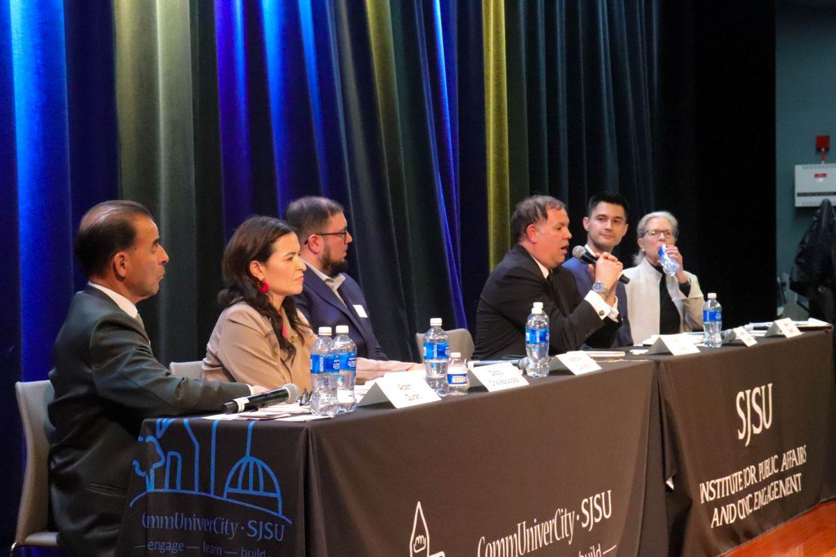 District 3 Candidate Phil Dolan speaks on policy issues to voters and students at the candidate forum last Wednesday, March 12 at the SJSU Student Union Theater.