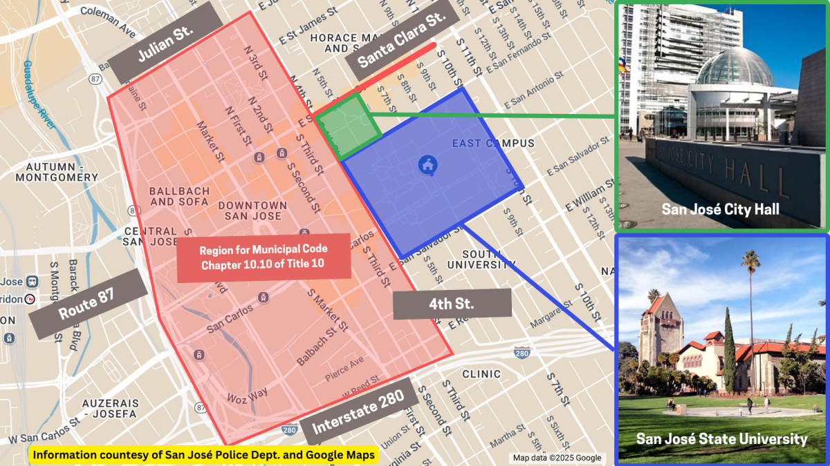 The San Jos&#233; Police Department can enforce Municipal Code Chapter 10.10 of Title 10 by arresting unhoused residents who lay on the sidewalk or on a bench in the red region and on the red line outlining a portion of Santa Clara Street between 8 a.m. and mi
