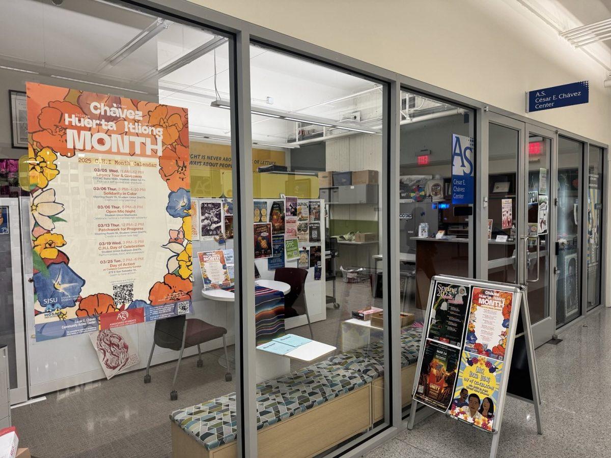 San Jos&#233; State University Associated Students (A.S.) C&#233;sar E. Ch&#225;vez Center display a Ch&#225;vez, Huerta, and Itliong Month event poster in the centers window located in the Diaz Compean Student Union.