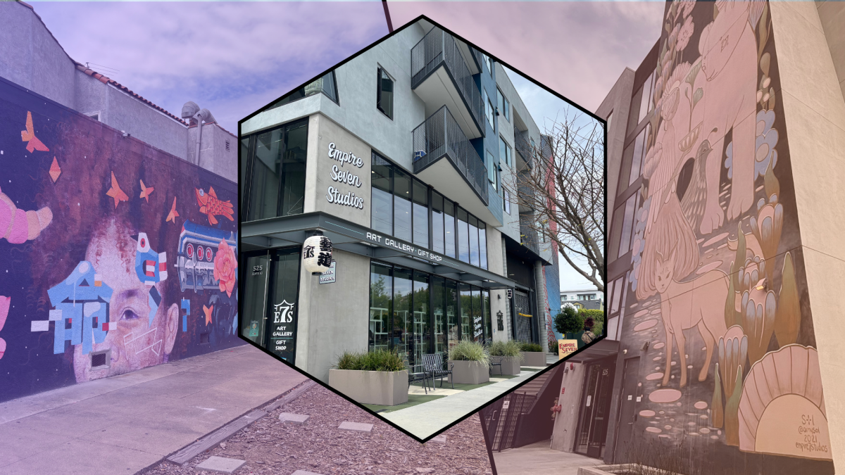 Photo collage of the storefront of Empire Seven Studios, where a mural painted on the sidewall of Kiem Service Laundromat lies (left). A mural painted by @amysol beautifies the back wall of J Town Apartments (right). Both artists coordinated with Empire S