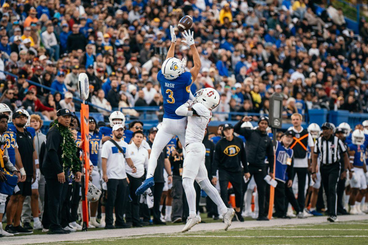 San Jose State wide receiver Nick Nash leaps for a catch during a 34-31 win over Stanford on Nov. 29, 2024