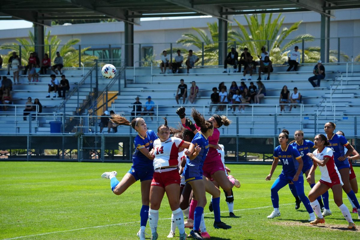 Spartan and Matador players clash near the goal area on Sunday at the Spartan Soccer Complex. The Spartans lost 1-0.