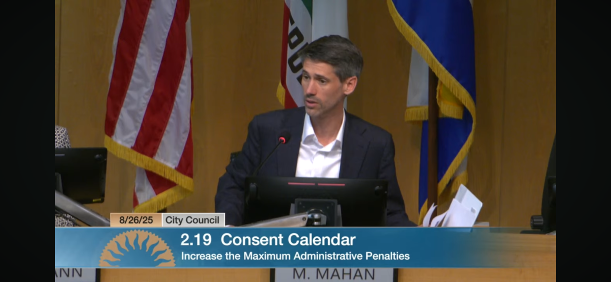 Mayor Matt Mahan presents item 2.19 Consent Calendar: Increase the Maximum Administrative Penalities of the San José City Council meeting on Aug. 26 to the audience.