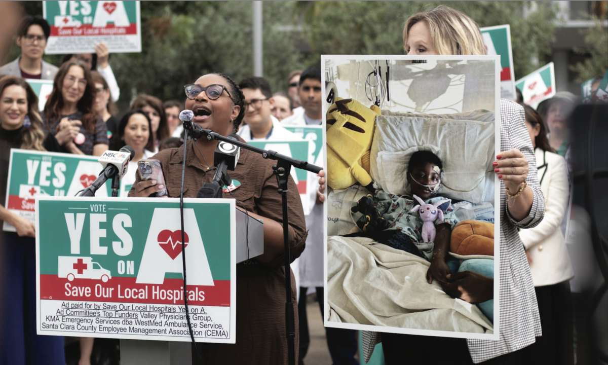 San José resident Ashley Mompoint-Michel speaks at rally in support of Measure A, speaking about her son, Bastian, who was treated by doctors at Santa Clara Valley Medical.
