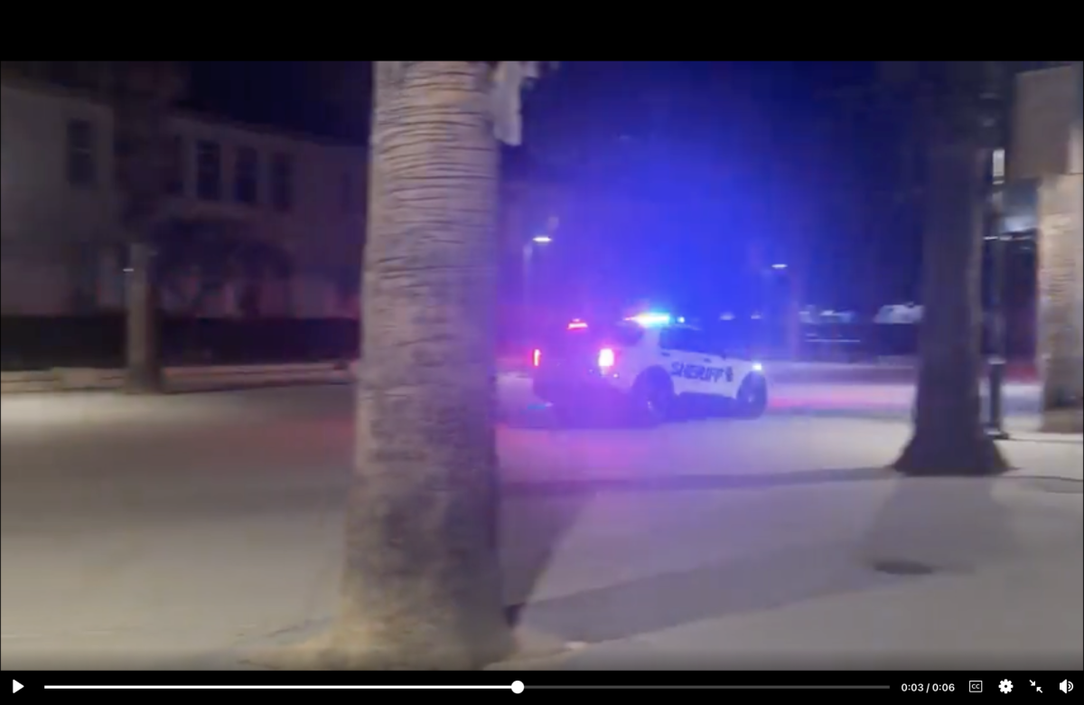 A Santa Clara County Sheriﬀ 's vehicle is pictured speeding down 7th Street on campus in a video recording.