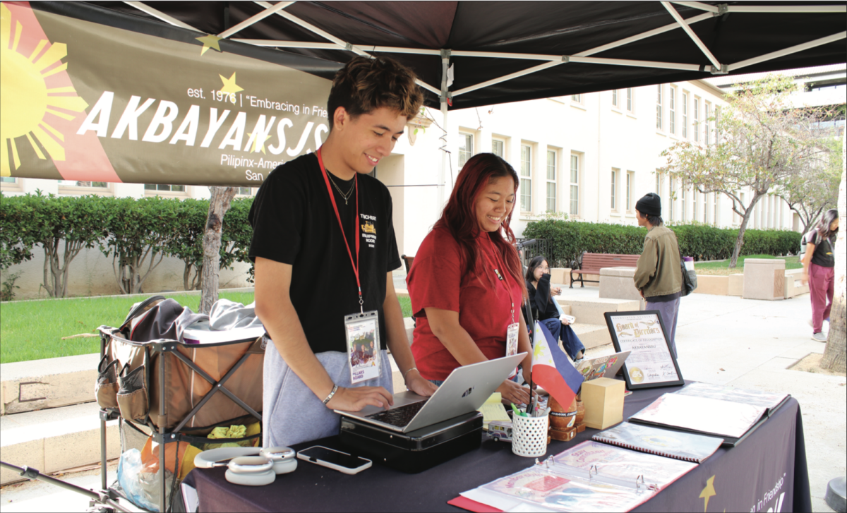 At San José State University Niko Ruiz and Faith Lauren Castro table on Seventh Street Plaza for Akabayan club on Wednesday near the Provident Credit Union Event Center.