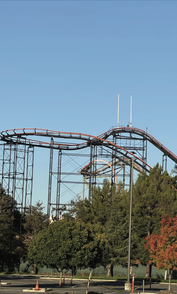 One of California's Great America rollercoasters stands tall on a Fall evening.