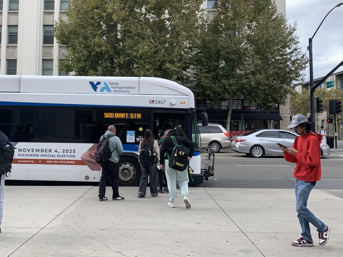 Students and community members load into the Route 500 Valley Transportation Authority (VTA) bus headed to the Berryessa Bay Area Rapid Transit (BART) Station.