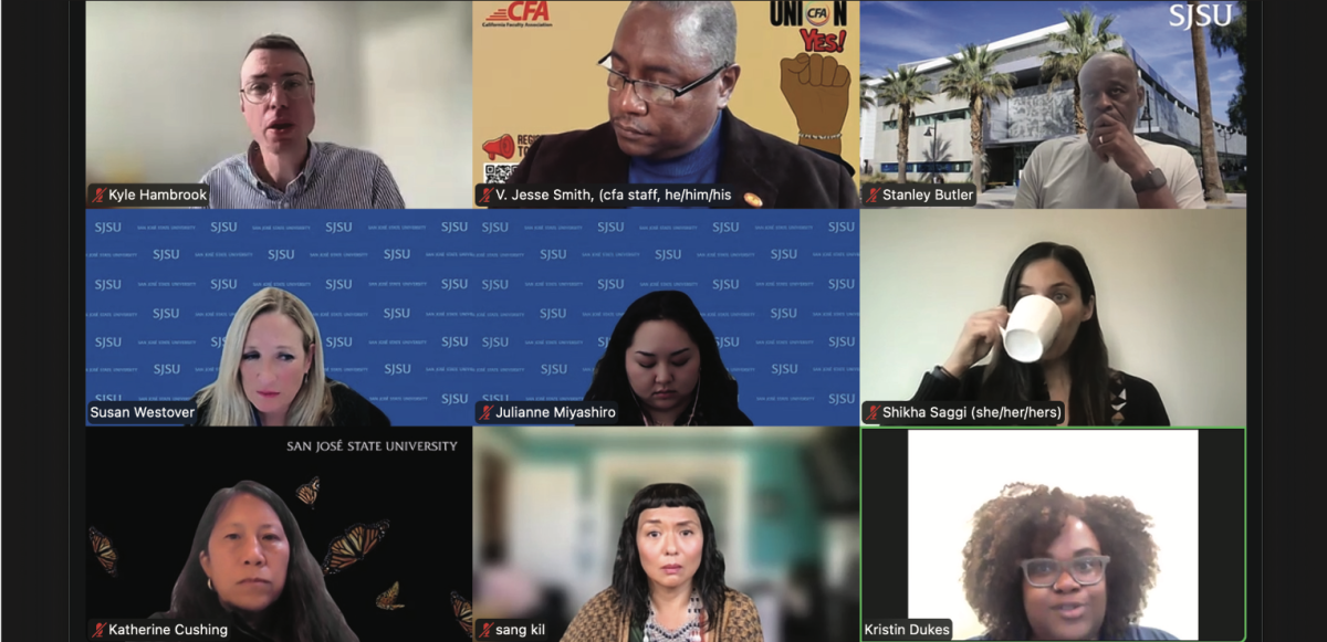 Kristin Nicole Dukes, San José State chief diversity officer (lower right corner) gives a testimony during suspended justice studies professor, Sang Hea Kil’s statutory hearing.