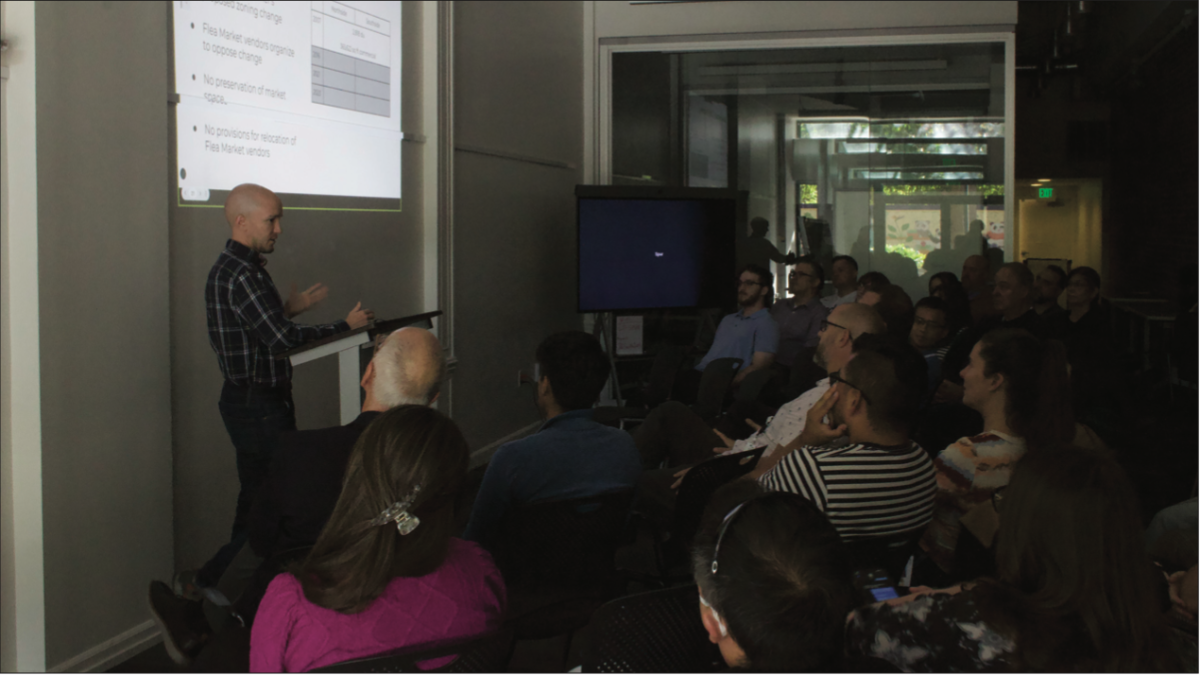 Eric Robins, an urban planning masters student, discusses the history of zoning in San José on Tuesday afternoon.