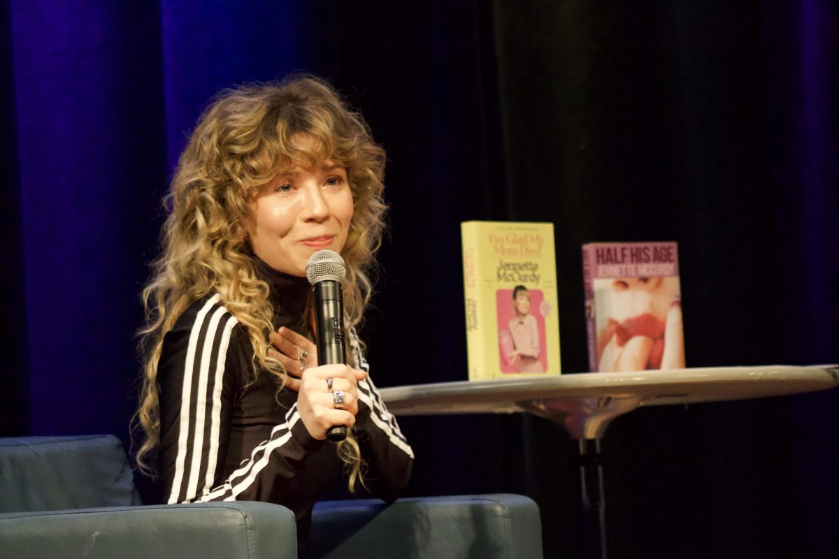 Jennette McCurdy, author and former child star, gives advice to students at the Student Union Theater on Wednesday.