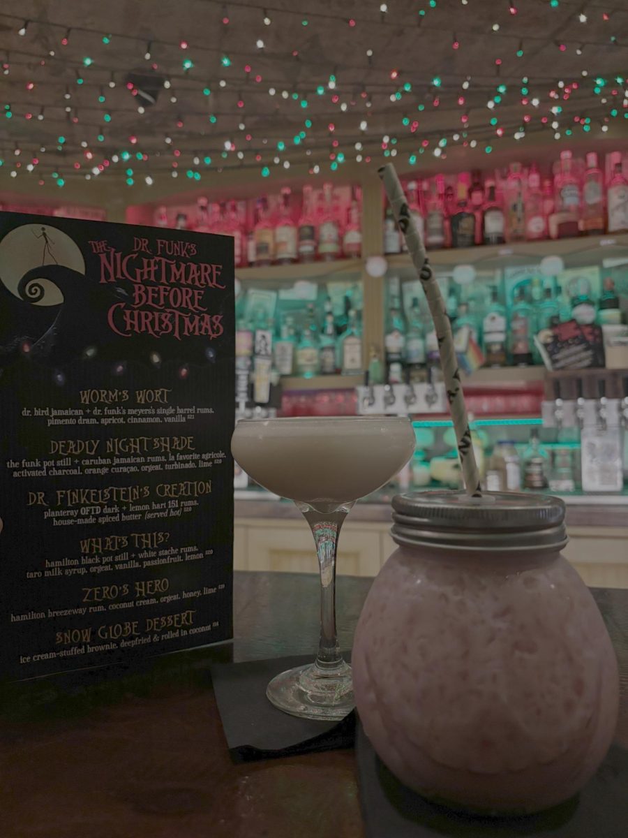 Dr. Funk’s “Tim Burton’s The Nightmare Before Christmas” themed alcoholic drinks: “Zero’s Hero” (left drink) and “What’s This,” (right drink).