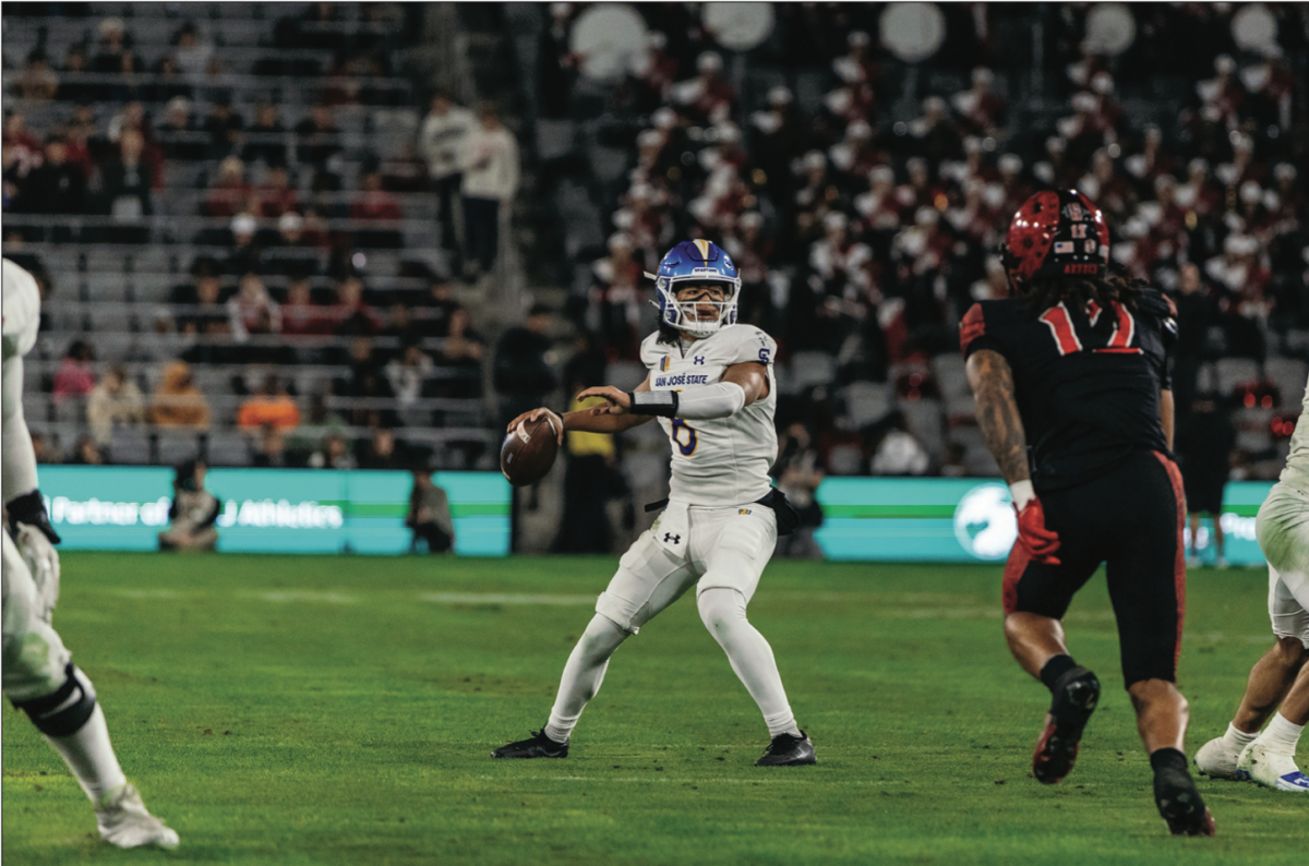 SJSU freshman quarterback Tama Amisone aims to complete pass on Saturday night. Amisone completed 15 for 27 passes with 104 yards.