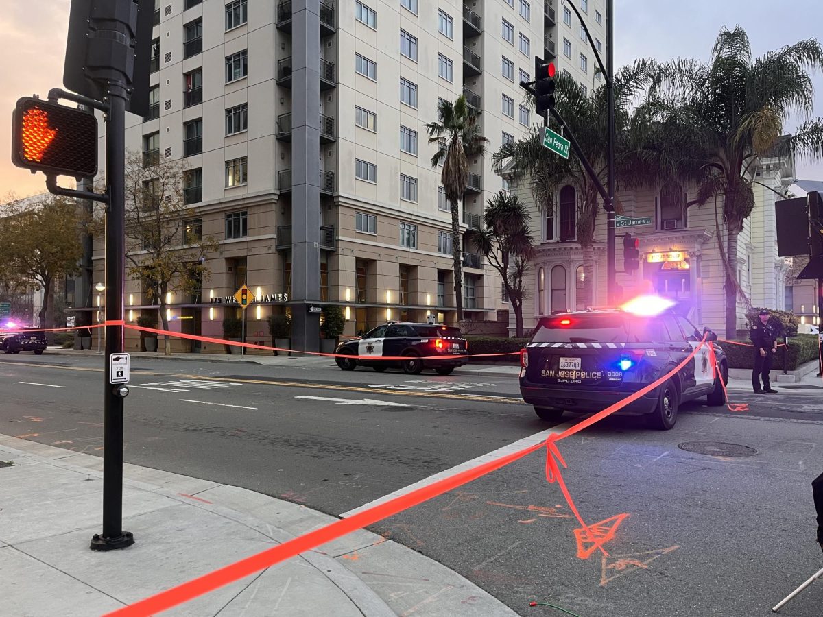 Police close off St James Street at San Pedro Street on Wednesday. 