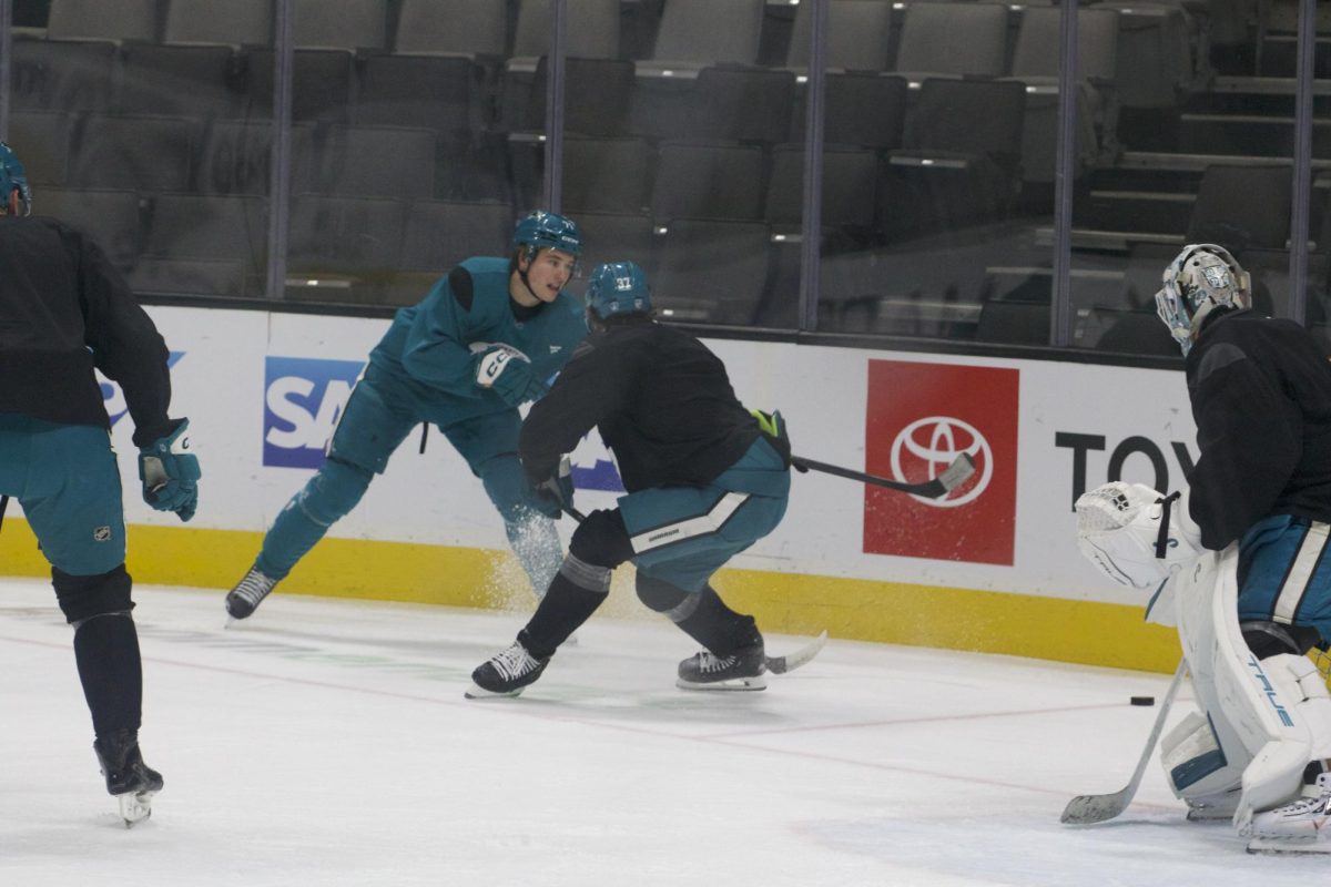Young star for the Sharks, Macklin Celebrini, battles for the puck with Timothy Liljegren during San José Sharks practice at SAP Sharks Center on Jan. 9.