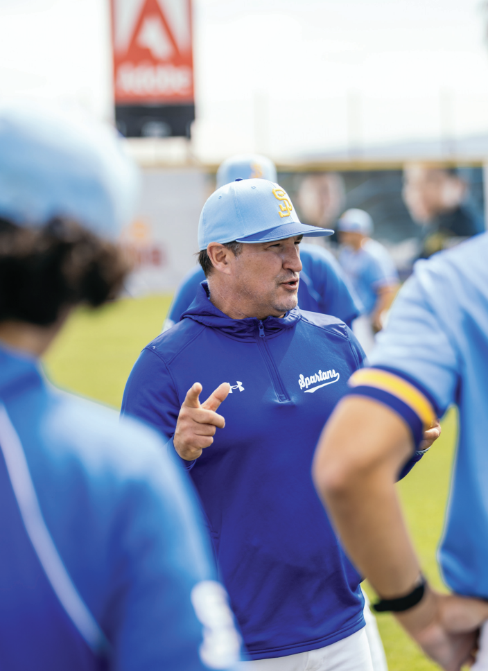 SJSU baseball coach Brad Sanfilippo speaks with the team at Excite Ballpark.