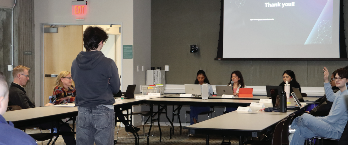 A student speaks to the Associated Students Finance Committee for funding requests on student organizations and clubs on Wednesday. 