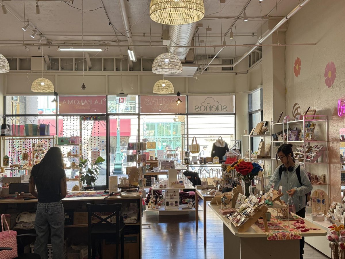 Sueños employee Danna Castrejon (left) waits at the front desk inside of Sueños while customer Lily Tetsuko (right) looks at store merchandise on Tuesday.