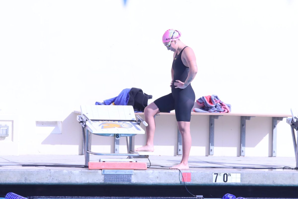 Senior Mya Azzopardi gets set on the blocks during SJSU’s Senior Day meet on Jan. 31 in San José.