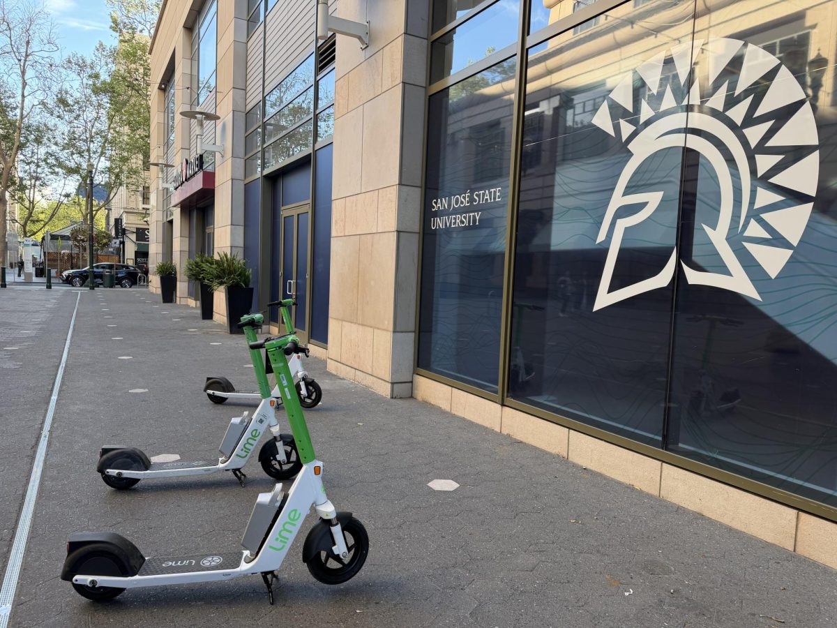 Lime electric scooters returned to San José earlier this month. They are seen parked close to San José State, in the Paseo de San Antonio nearby Scott’s Seafood San José.