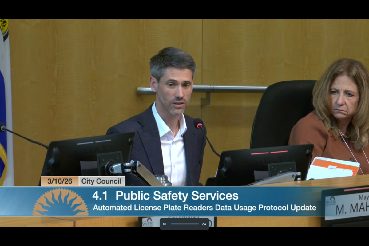 Mayor Matt Mahan discusses restricting San José’s use of automatic license plate readers at City Hall on Tuesday afternoon.