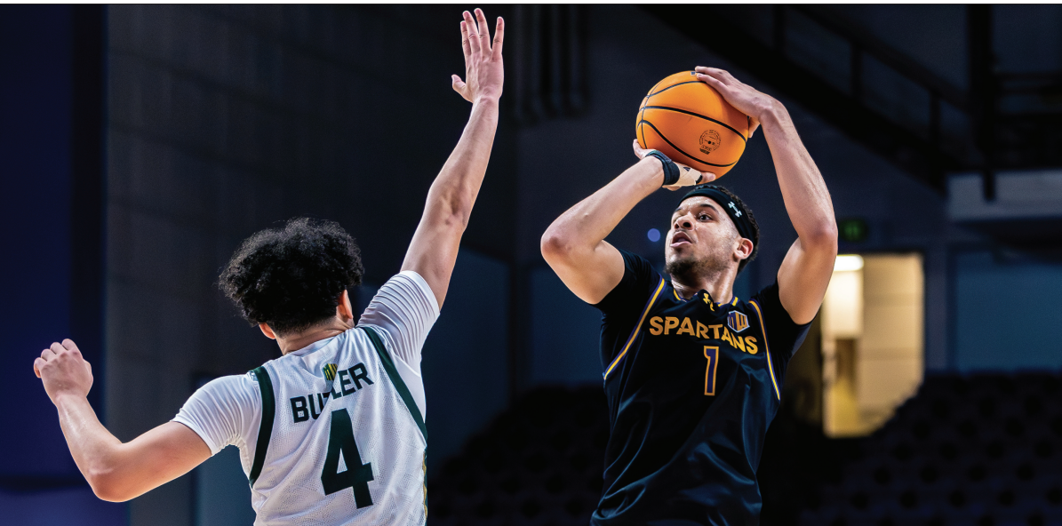Sophomore forward Adrian Myers (1) puts up a midranger shot against Colorado State University guard Jase Butler (4) on Saturday night.