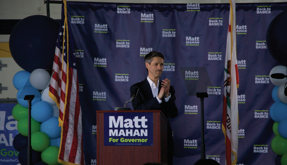 San José Mayor Matt Mahan gives his campaign kick off speech at Abraham Lincoln High School on Saturday.