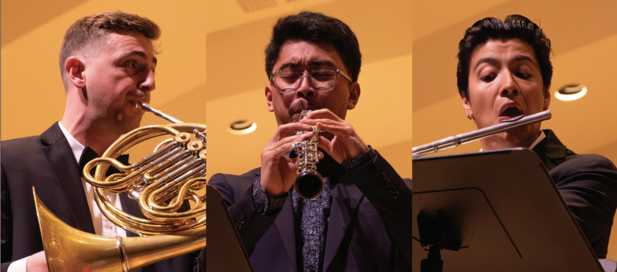 The three winners of the School of Music Concerto Competition, (from left to right) Carson Kimber (French horn), Noah Rojas (oboe) and
Estevan Romero (fl ute), perform at the Winners’ Showcase at SJSU Concert Hall on Tuesday.