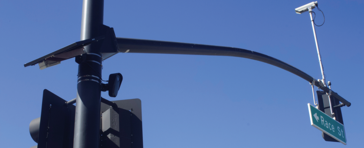 A Flock license plate reader is seen at the intersection of the Alameda and Race Street in San José. The Santa Clara County Board of Supervisors voted 3-2 to update its surveillance policies and to deactivate Flock cameras in Saratoga, Cupertino and Los Altos Hills. This decision follows after Mountain View and Santa Cruz terminated contracts with Flock Safety.