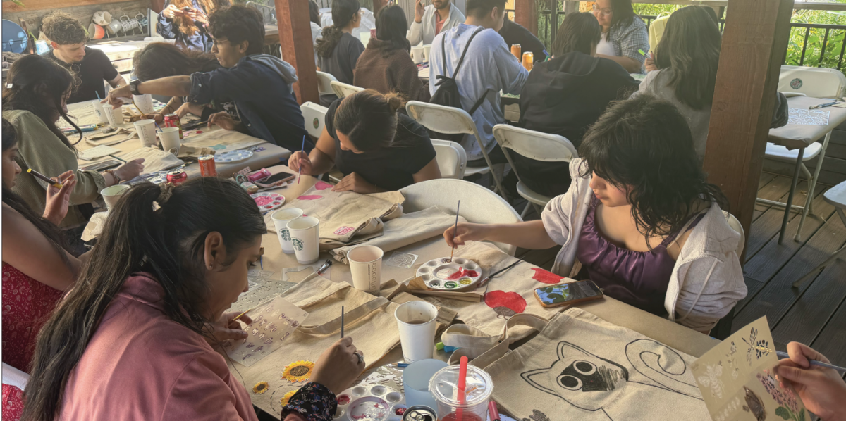 Students paint and utlize materials to make an assortment of designs on tote bags during the Associated Students Campus Community Garden painting event.