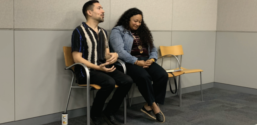 Abel Gomez, an associate professor, interviews tribal member Torres Martinez Desert Cahuilla Indians author and journalist Terria Smith in the Dr. Martin Luther King, Jr. Library.