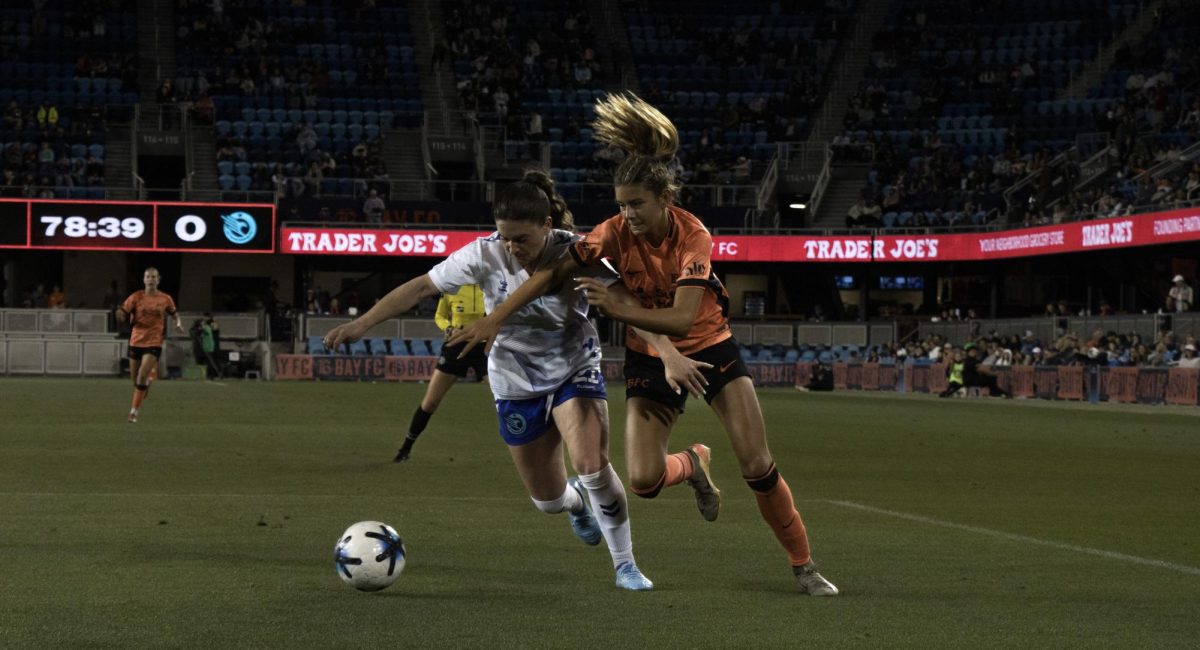 Bay FC forward Michelle Myers battles for the ball by trying to box out Ottawa Rapid forward Melanie Forbes. Myers joined the game in the second half as a substitute.