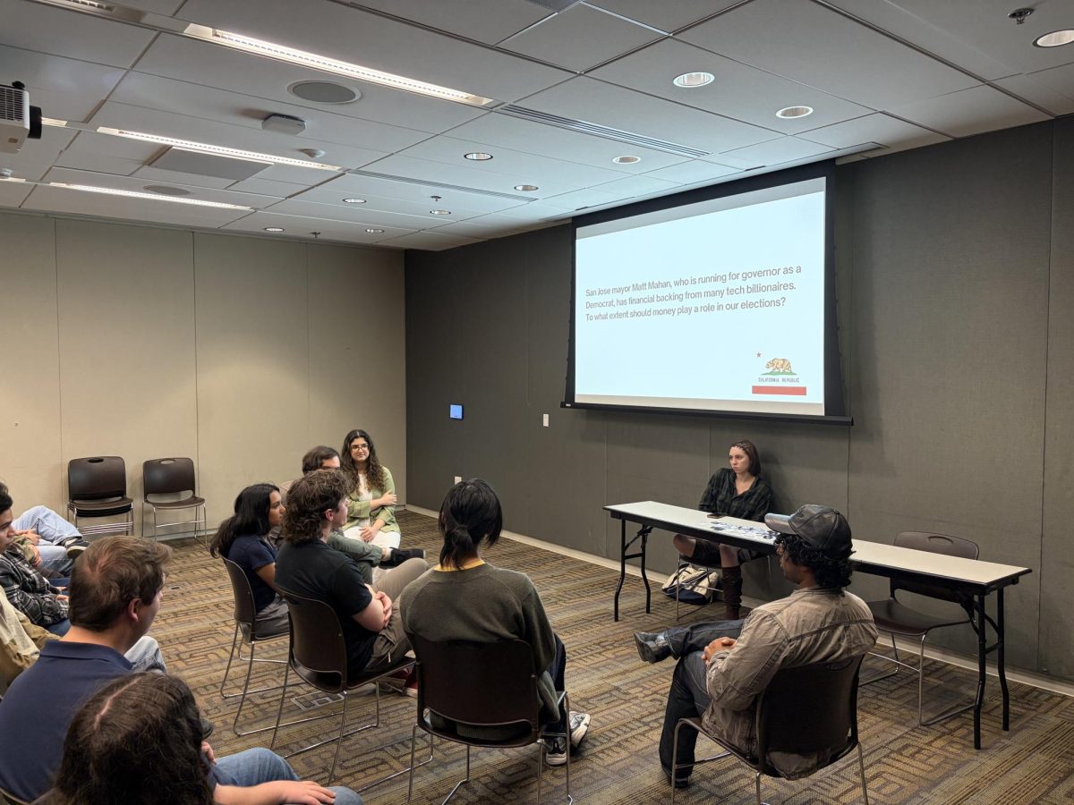 Six students participate in BridgeSJSU’s middle ground activity discussing their thoughts on what role money should have in government elections on Wednesday afternoon.