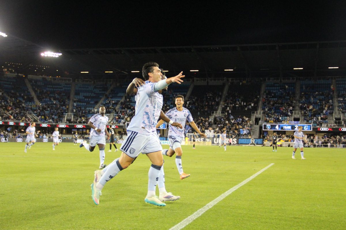 San José Earthquakes midfielder Nico Tsakiris (middle) celebrates with his teammates on Tuesday. Midfielder Beau Leroux (middle right) is a San José State alum.