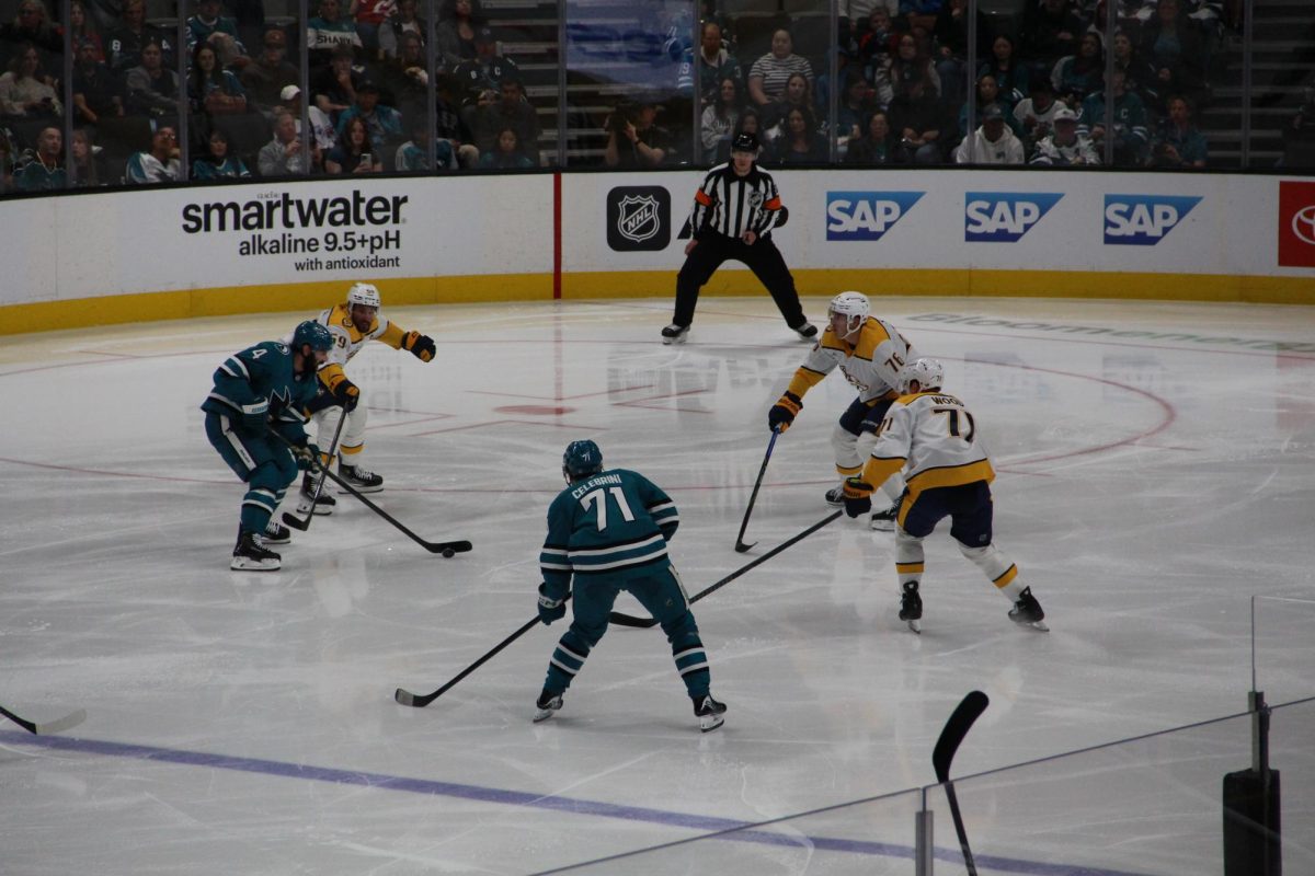 San José Sharks center Macklin Celebrini (71) tracks the puck as play begins off in the middle against the Nashville Predators.