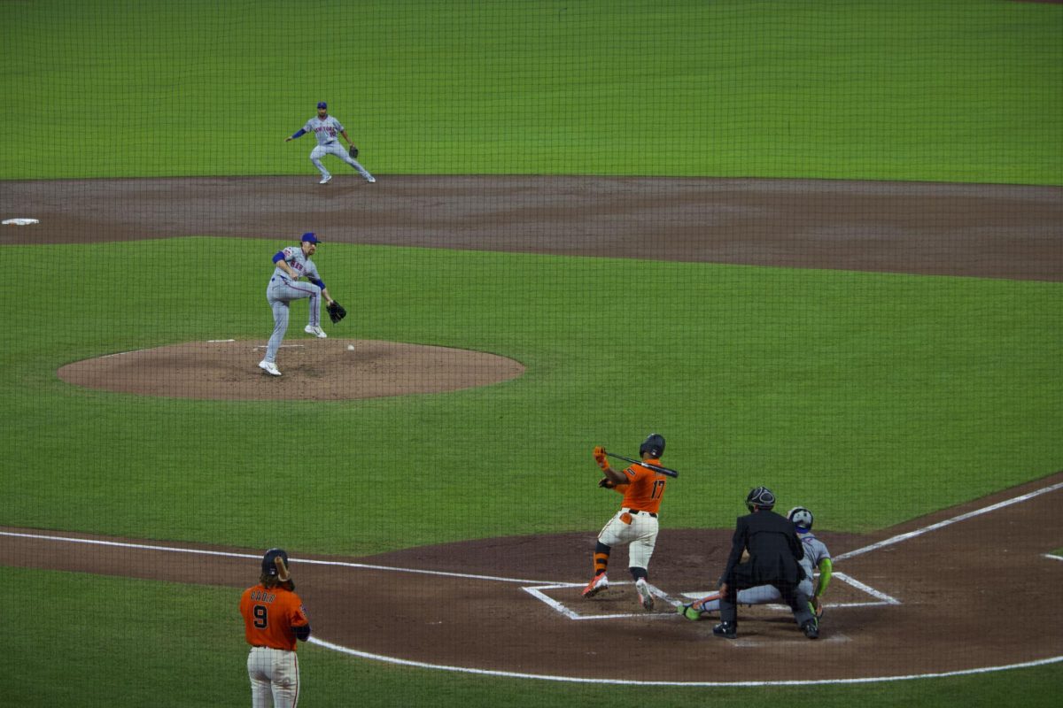 San Francisco Giants left fielder Heliot Ramos hits a ground ball straight up the middle to Mets pitcher Nolan McLean. Ramos batted 4-13 in the series against the Mets.