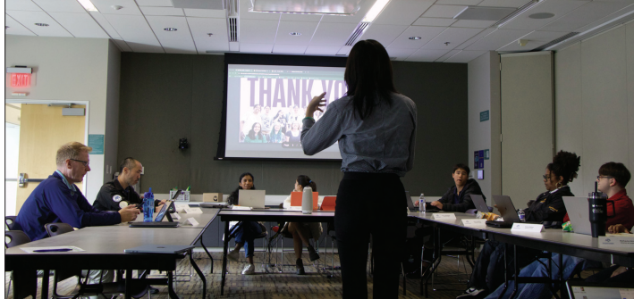 National Association for Music Education Secretary, Kailey Daugherty, concludes her presentation during the A.S. board meeting on Wednesday. 