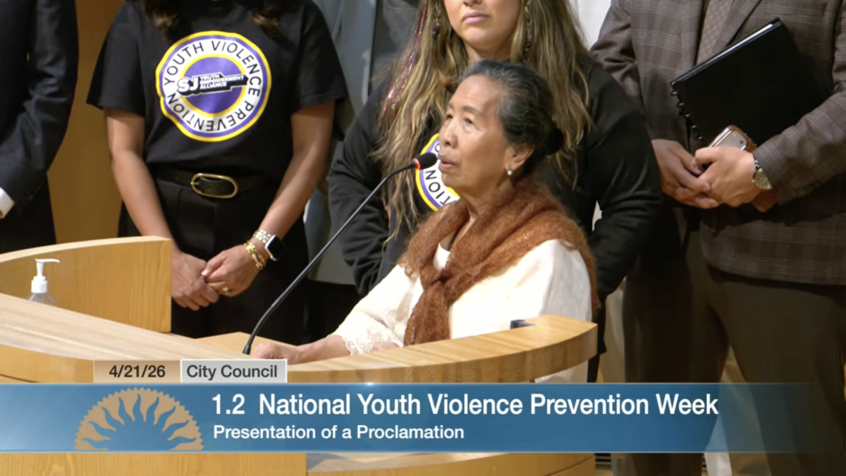 Cora Tomalinas gives her speech and gratitude during the proclamation of National Youth Violence Prevention Week at San José City Hall on Tuesday.