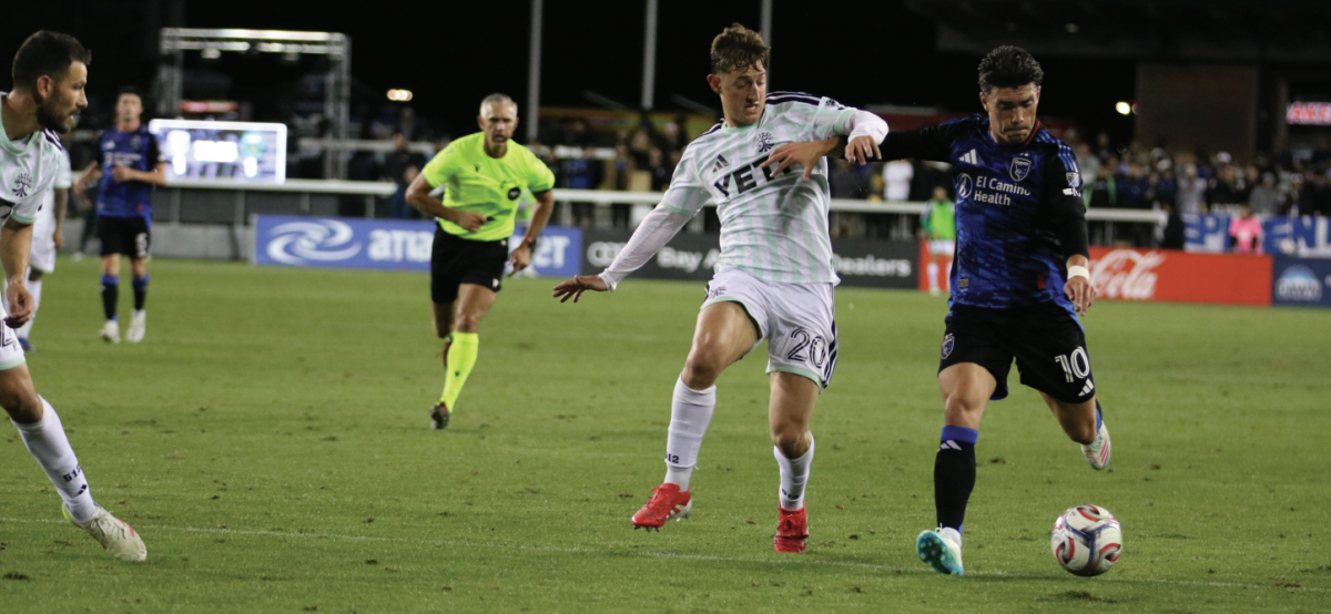 San José Earthquakes midfielder Niko Tsakiris (10) controls the ball as Austin FC midfi elder Nicolás Dubersarsky (20) defends during the Quakes’ 5–1 win on Wednesday.