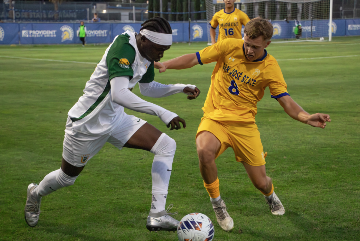 Sophomore midfielder Cameron Cook drives for the ball versus the University of San Francisco. He played for a total of 987 minutes for the Spartans last season.