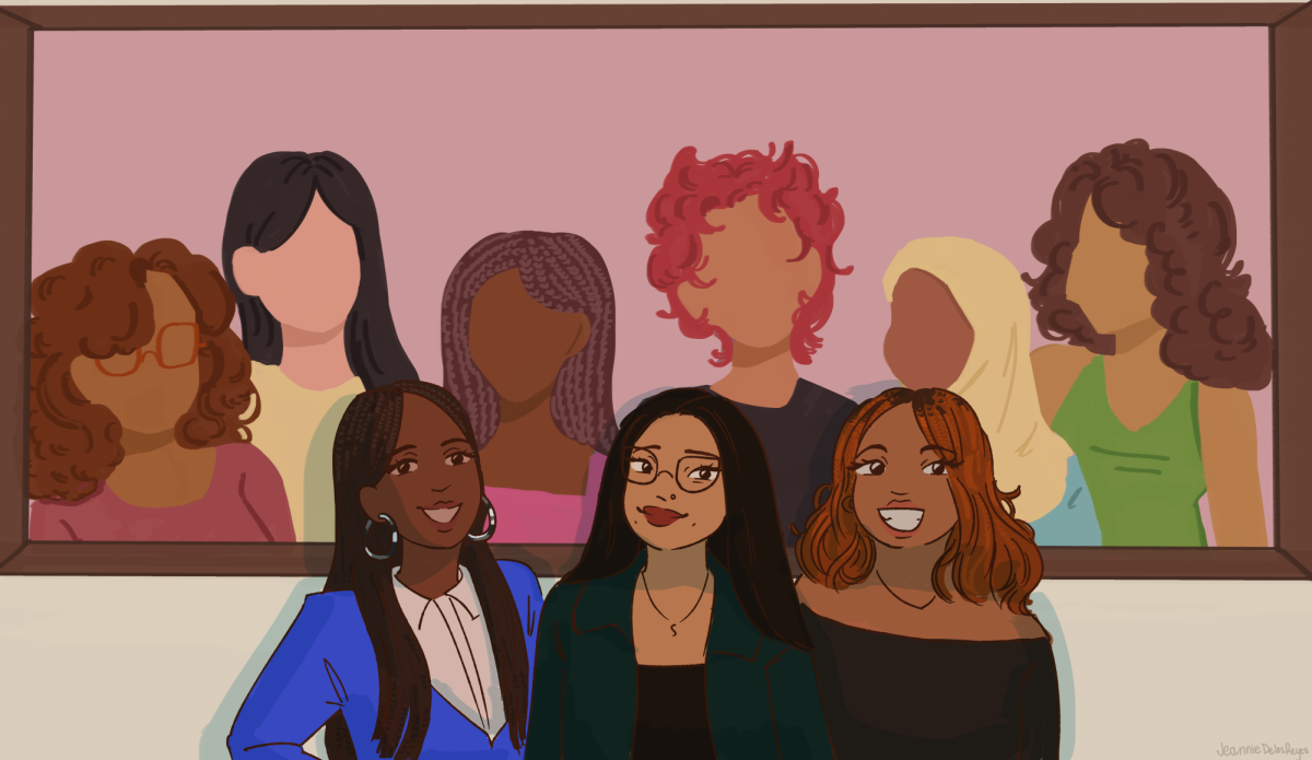Ma’Kayla Akin (left), Sonia Rodriguez (middle) and Adi Sereima Tuidelaibatiki (right) stand together smiling in front of portrait in an illustration by Jeannie Delos Reyes.