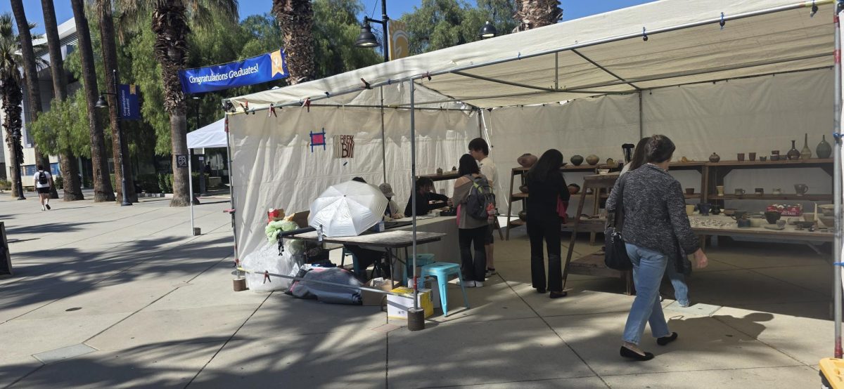 Passersby on 7th Street look at ceramic art on display made by students and volunteers of the Ceramics Guild.