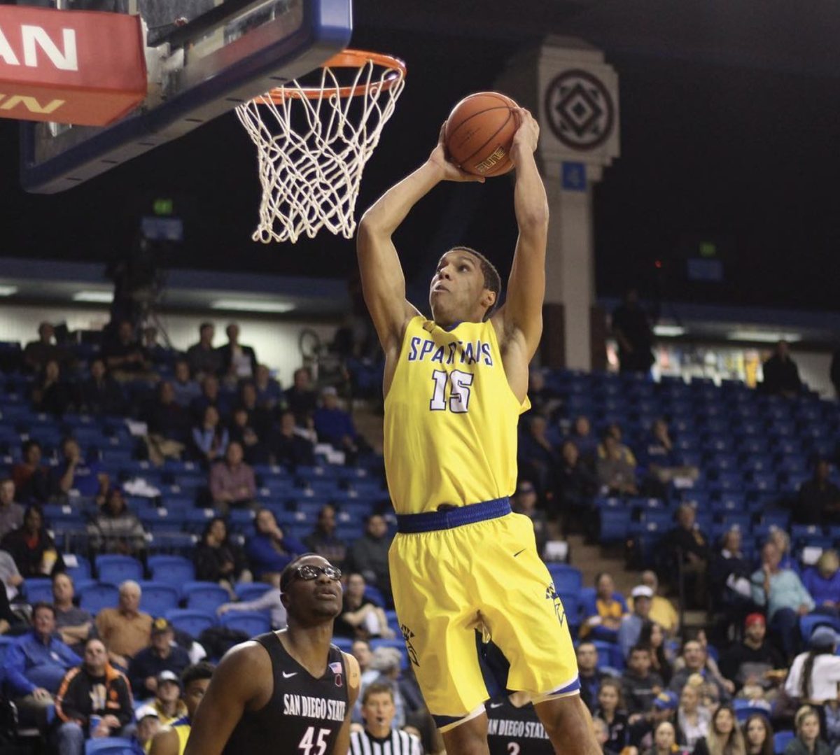 Brandon Clarke throws it down and finishes the dunk against San Diego State University. Clarke played two seasons for the Spartans before transferring to Gonzaga University.